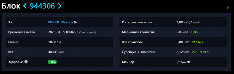 Майнер добыл блок биткоина при 1 шансе в 300 лет. Сколько он заработал